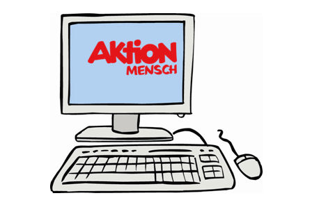 Computer und Bildschirm mit dem Aktion Mensch- Logo