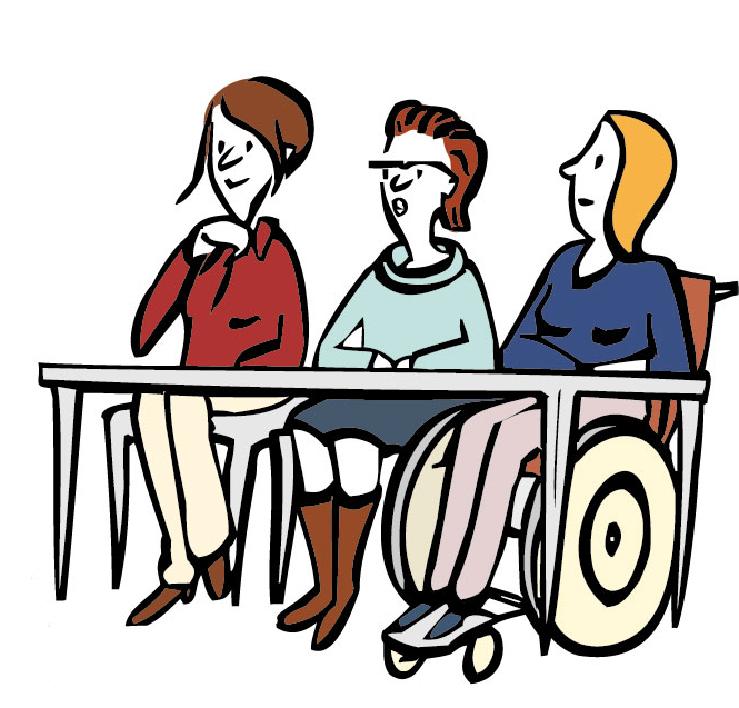 Frauen mit und ohne Behinderung sitzen an einem Tisch