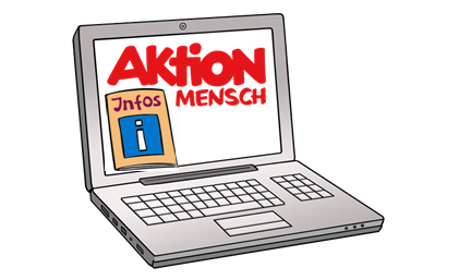 Laptop, der auf dem Bildschirm das Aktion Mensch- Logo sowie ein Infologo zeigt