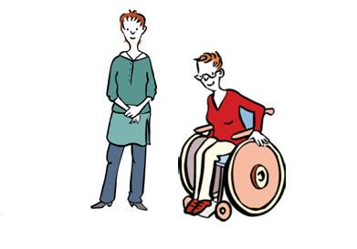 zwei Frauen, eine davon eist eine Rollstuhlfahrerin