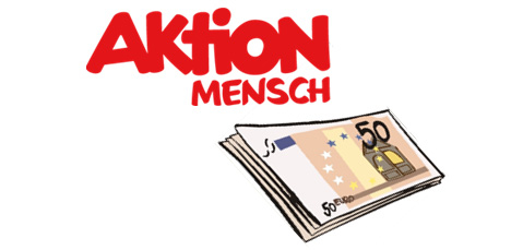 Logo der Aktion Mensch und ein Stapel 50 Euro Geldscheine