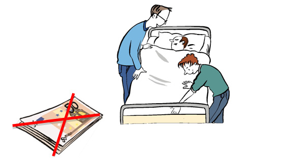 Assistenten machen ein Bett, durchgestrichener Geldstapel