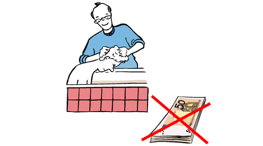 Assistent hilft einem Mann beim Baden. Zu sehen ist auch ein durchgestrichener Geldstapel.