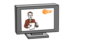 Fernseher mit Sprecher und ZDF-Logo