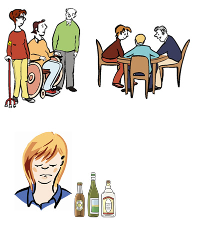 Menschen mit Behinderung, die abseits stehen. Trauriges Frauengesicht und Alkoholflaschen