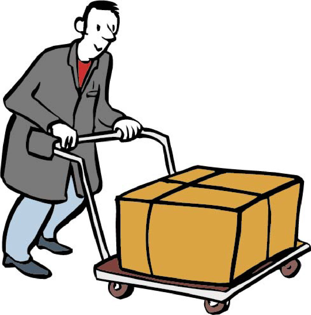 Mann fährt mit einem Rollwagen ein Paket