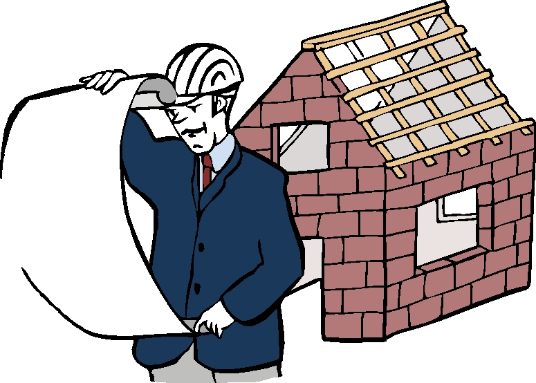 Mann mit Schutzhelm steht vor einem Rohbau und hält einen Plan in der Hand