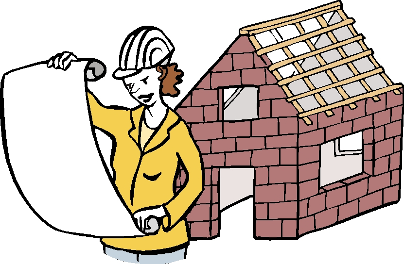 Frau mit einem Schutzhelm steht vor einem Rohbau und hält einen Plan in der Hand