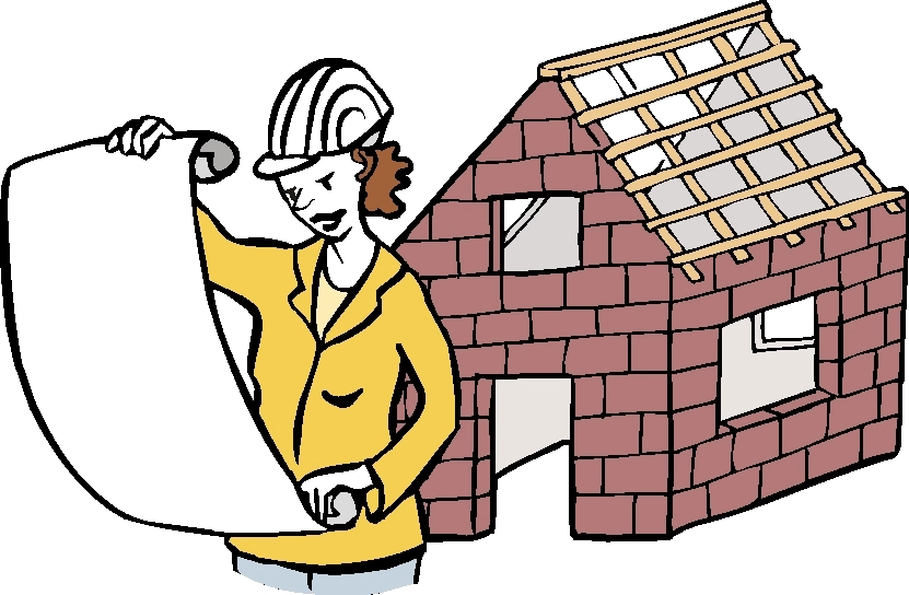 Frau mit einem Schutzhelm steht vor einem Rohbau und hält einen Plan in der Hand