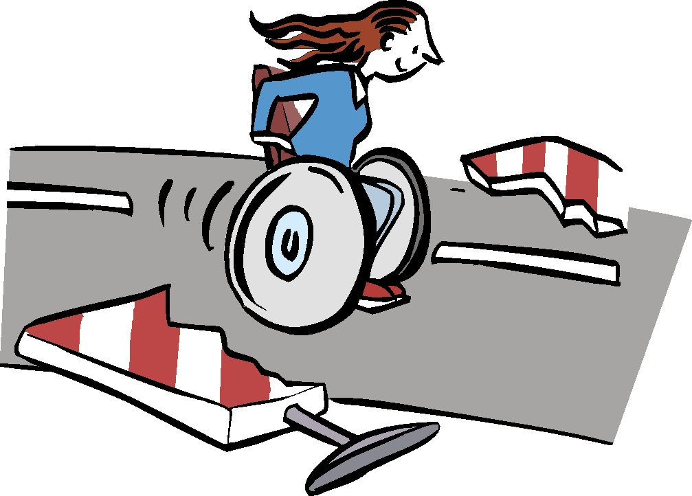 Rollstuhlfaherin durchbricht eine rot-weiß gestreifte Barriere, die die Straße versperrt