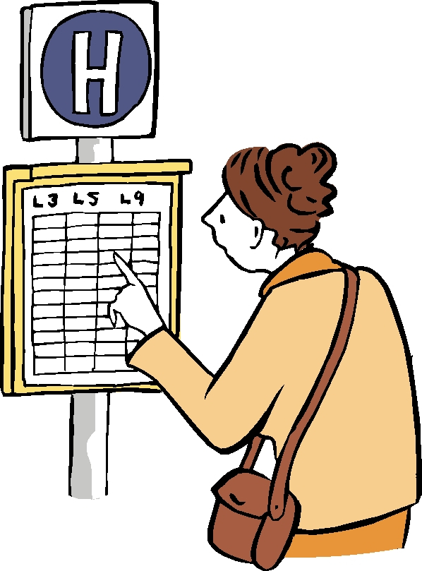 Frau liest den Busfahrplan an einer Haltestelle