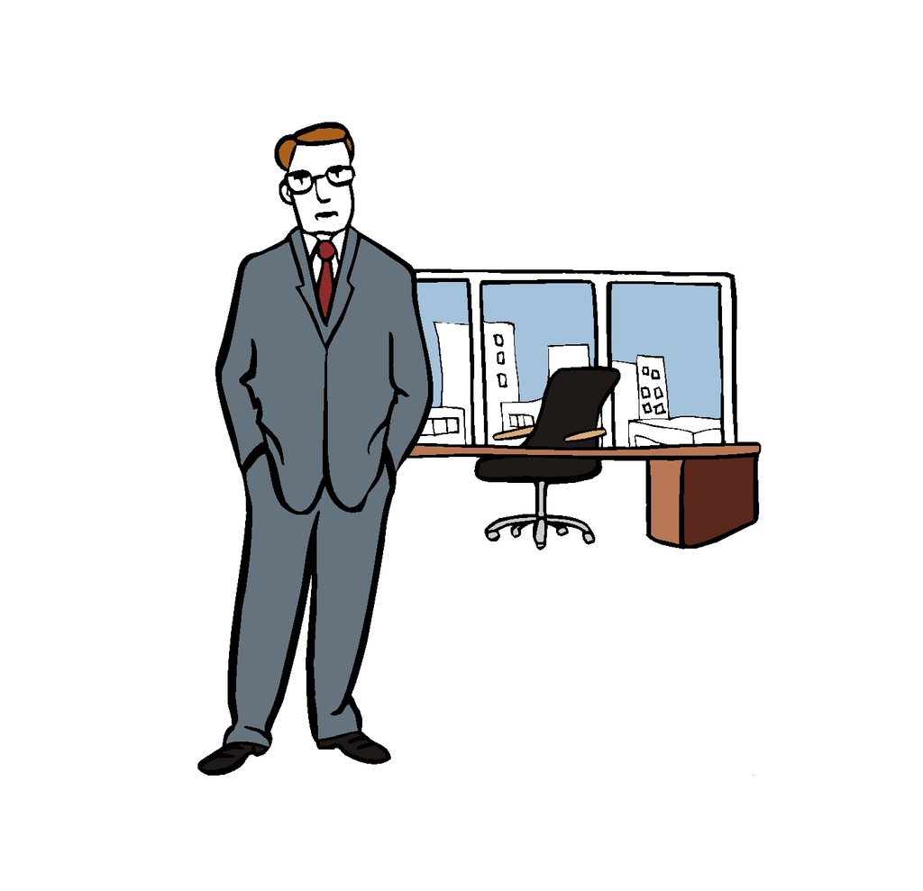 Mann steht in einem großen Büro mit Schreitisch und Drehstuhl