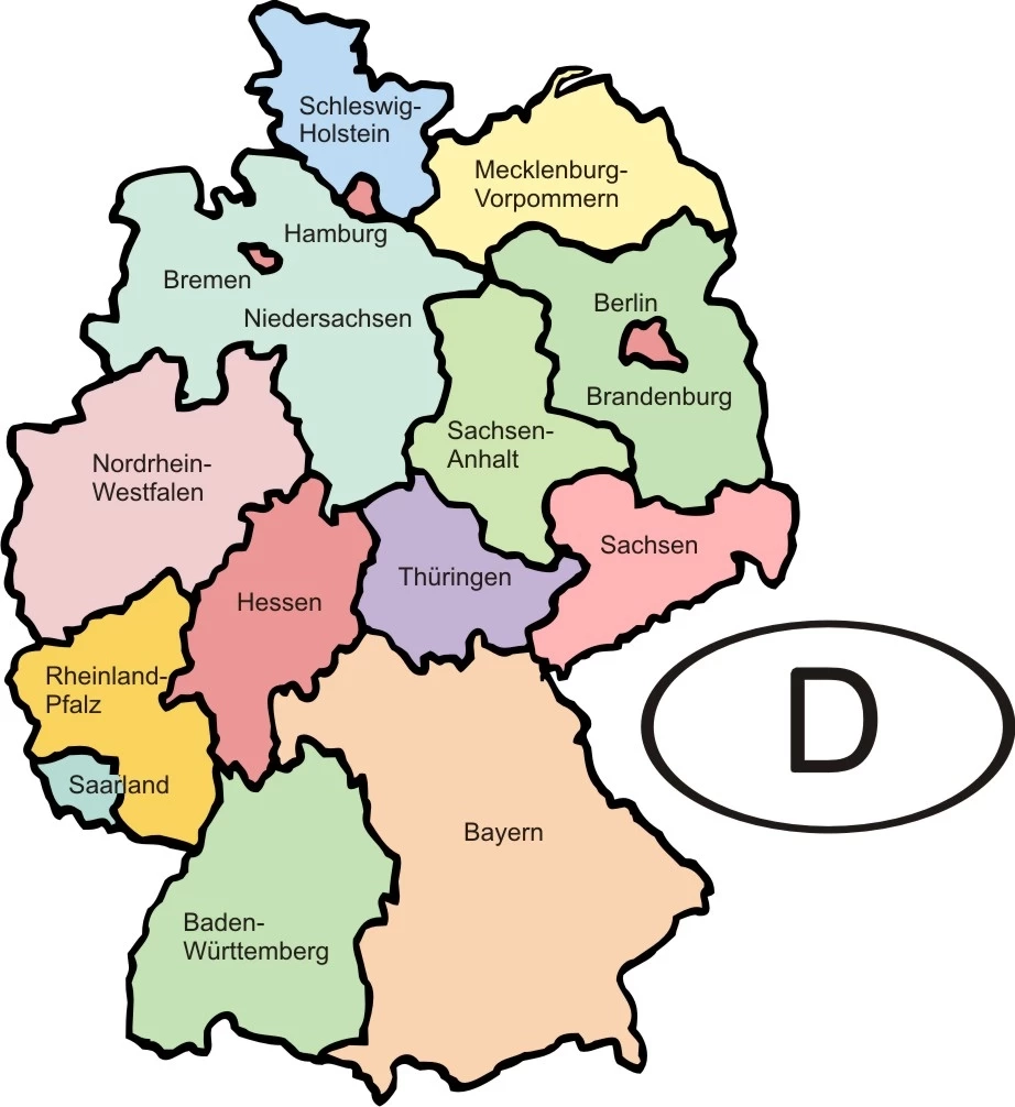 Deutschlankarte mit farbig markierten Bundesländern und D-Zeichen