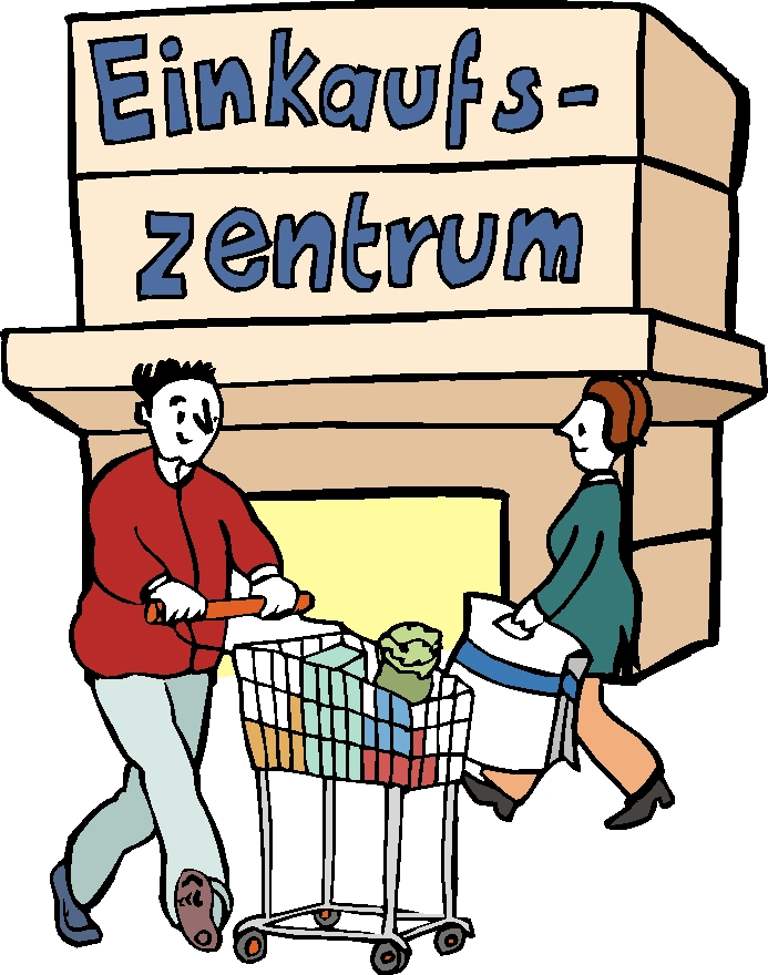 Vor einem Einkaufszentrum schiebt ein Mann einen Einkaufswagen und eine Frau trägt eine Tasche 