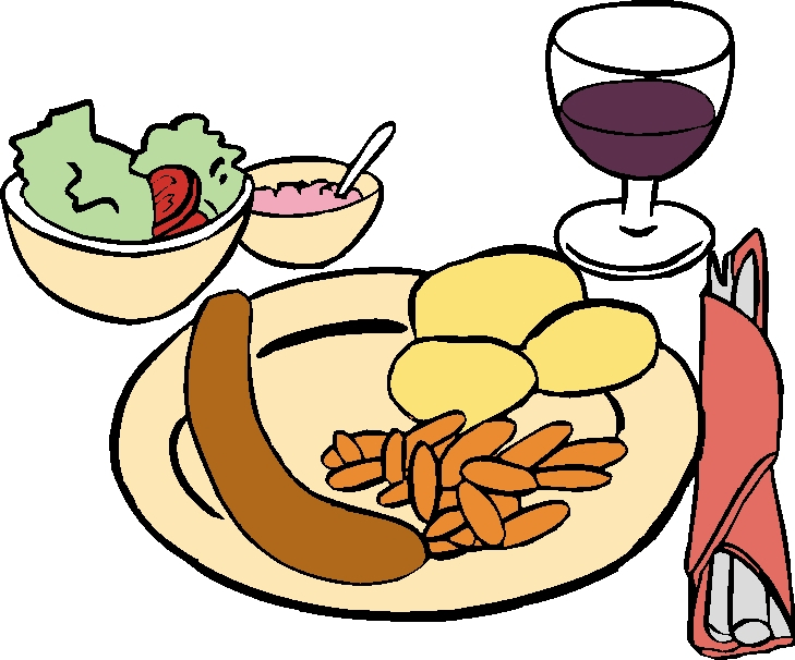 Teller mit Würstchen Kartoffeln und Möhren, Schale mit Salat, Schälchen mit Dessert und ein Glas Rotwein