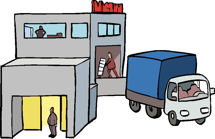 Fabrikgebäude und Lastwagen