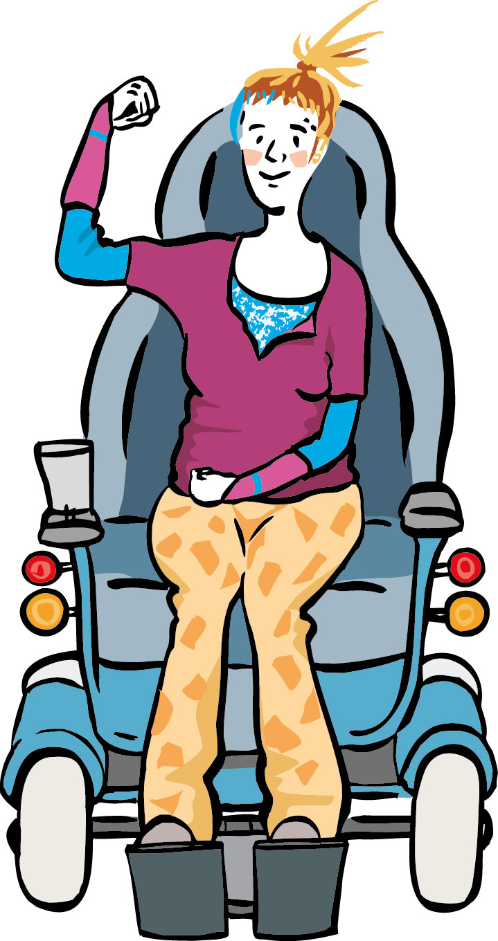 bunt gekleidete Rollifahrerin hebt die Faust in die Luft