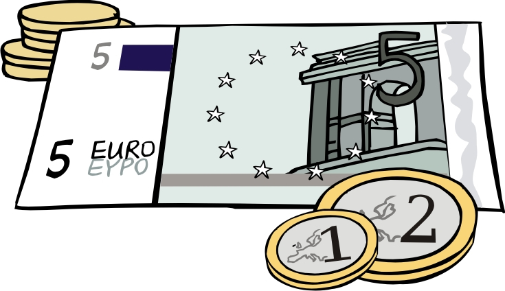 ein Fünfeurogeldschein und verschiedene Münzen