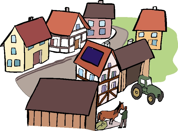 Dorf mit Häusern, Traktor und Pferd