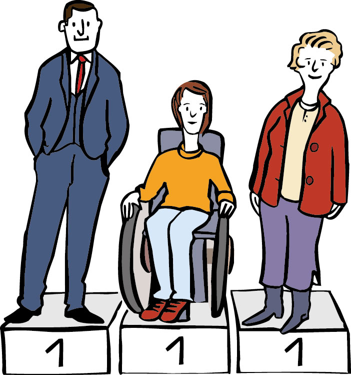 Drei Menschen, einer davon im Rollstuhl stehen auf Siegerpodesten mit der Zahl eins.