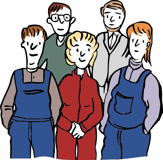 Männer und Frauen in Arbeitskleidung