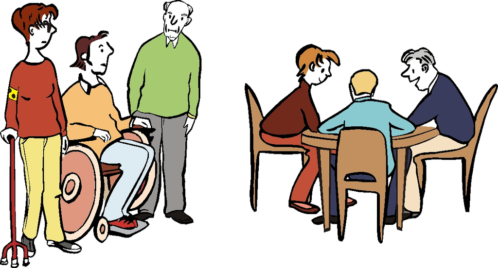 Drei Menschen sitzen am Tisch, drei andere Menschen, darunter ein Rollstuhlfahrer und ein Blinder stehen daneben.