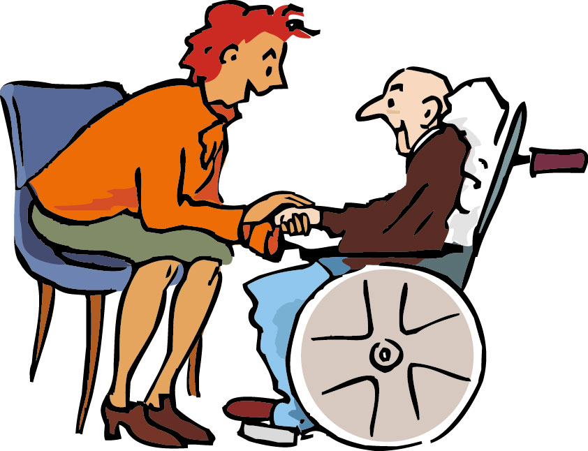 Frau hält die Hand eines alten Mannes im Rollstuhl 