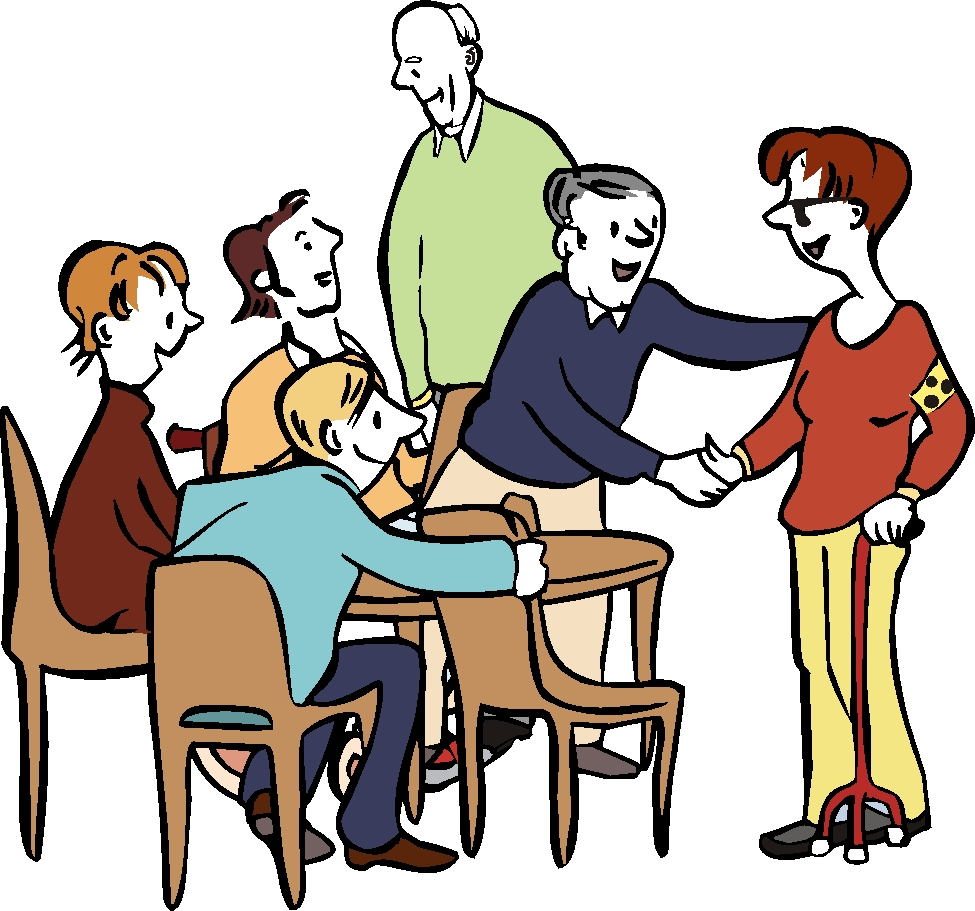 Mann bietet einer blinden Frau einen platz am Tisch an