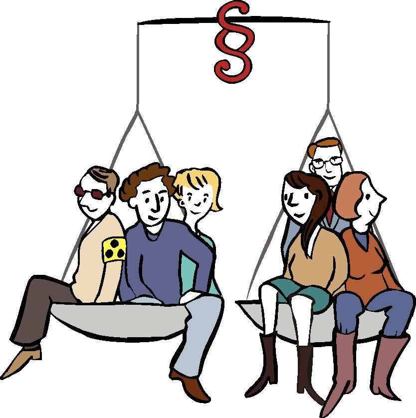 Menschen mit und ohne Behinderung sitzen in den Schalen einer Waage mit §-Zeichen