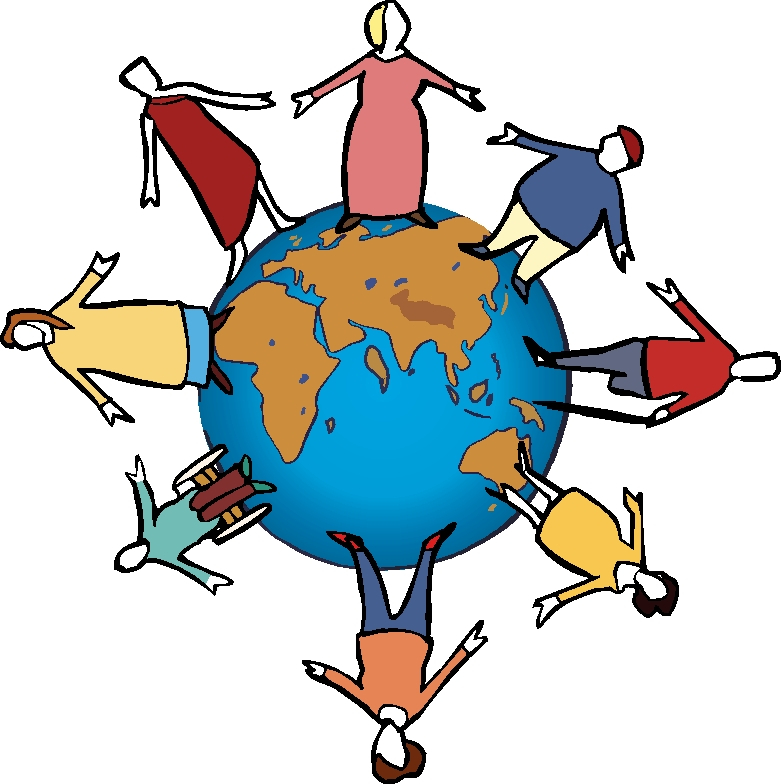 Menschen mit und ohne Behinderung stehen auf einem Globus und geben sich die Hand