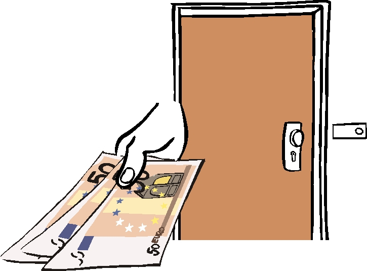 Hand mit Geldscheinen und eine Haustür