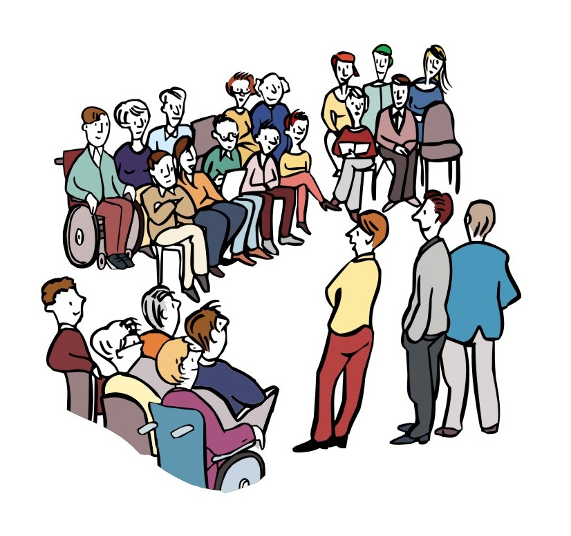 Viele Menschen mit und ohne Behinderung sitzen in einem Kreis zusammen