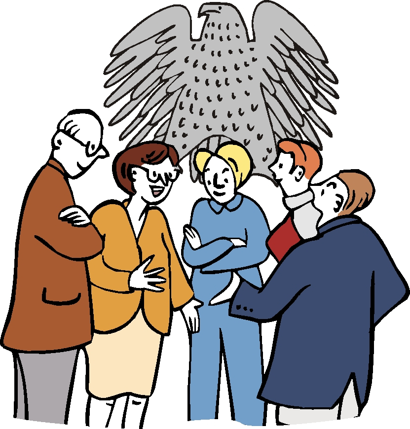 Frauen und Männer stehen vor dem Bundesadler