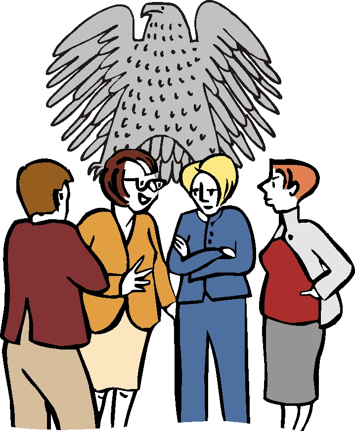 mehrere Frauen stehen vor dem Bundesadler