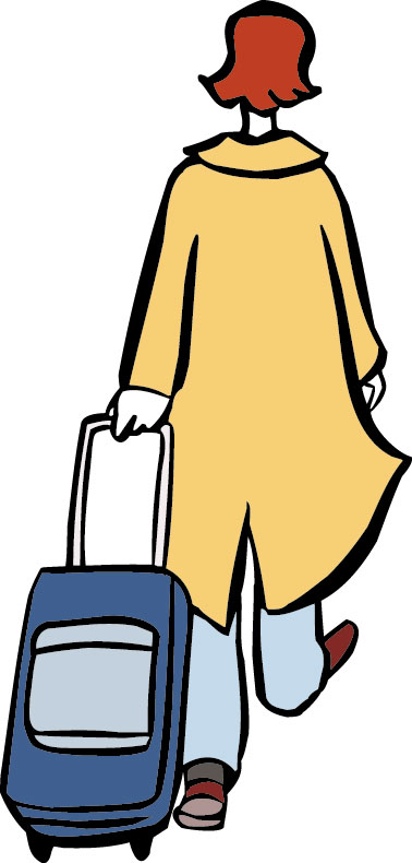 Frau mit Rollenkoffer von hinten