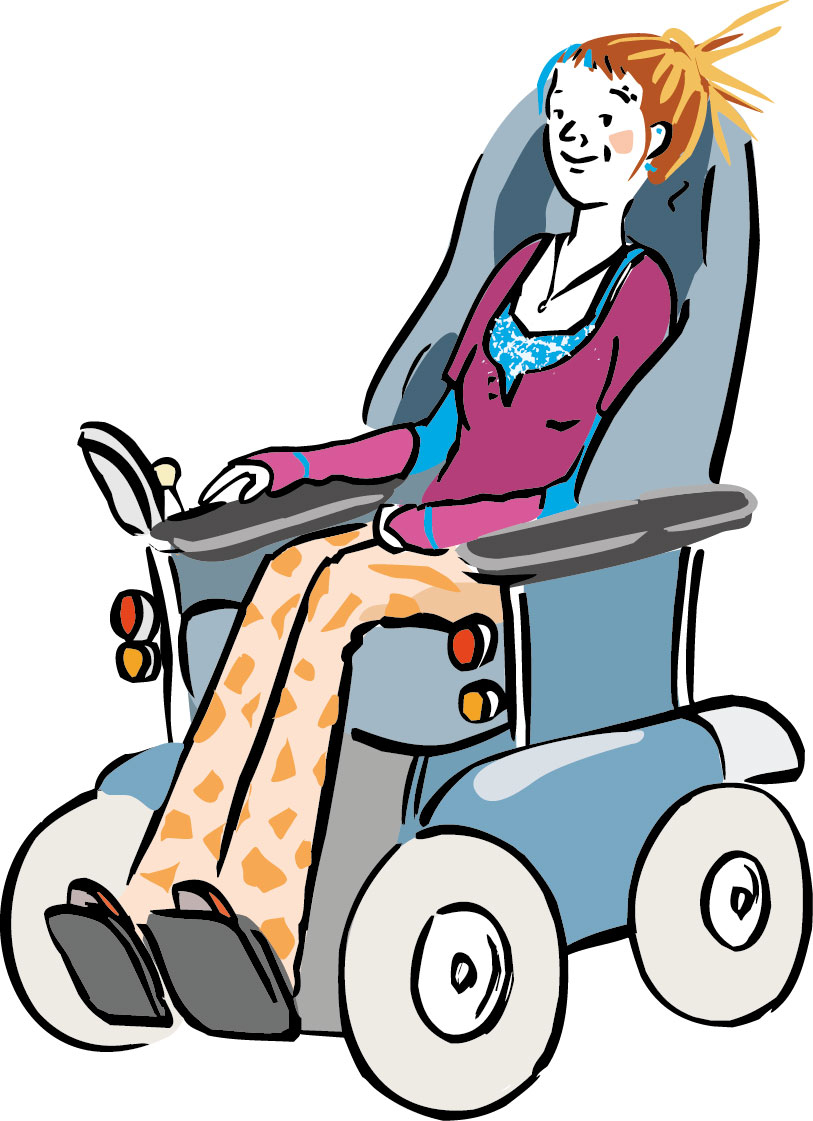 Frau fährt mit einem Elektrorollstuhl
