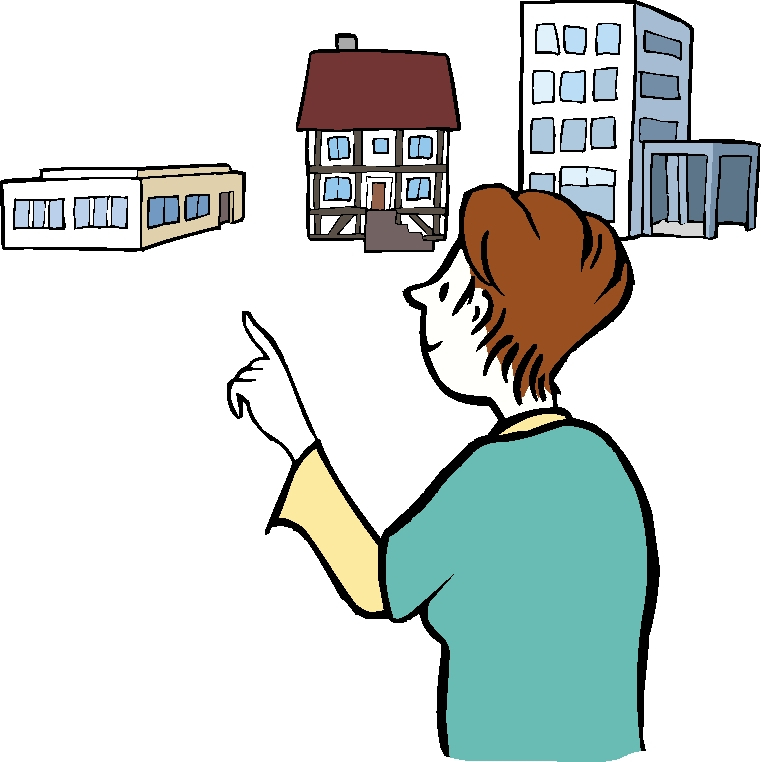 Frau zeigt mit dem zeigefinger auf verschiedene Häuser