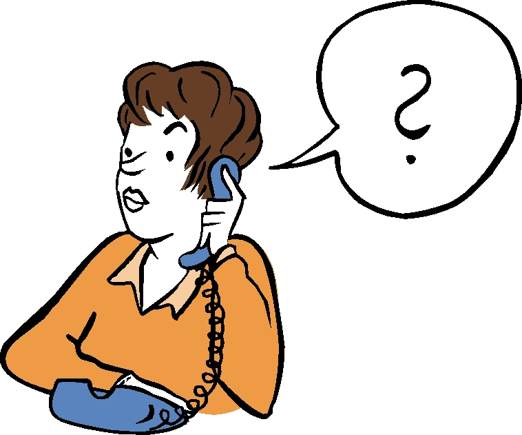 Frau spricht am Telefon und eine Sprechblase mit Fragezeichen
