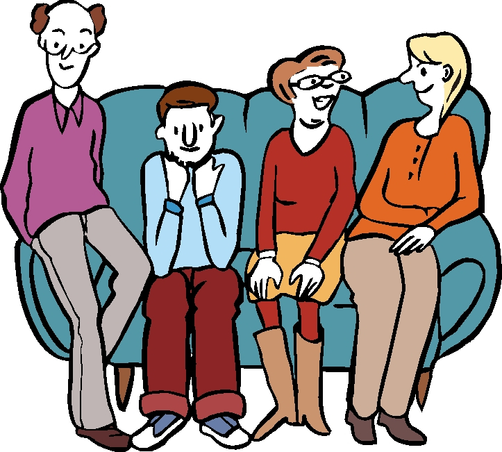 Männer und Frauen, JUnge und Ältere sitzen auf einem Sofa