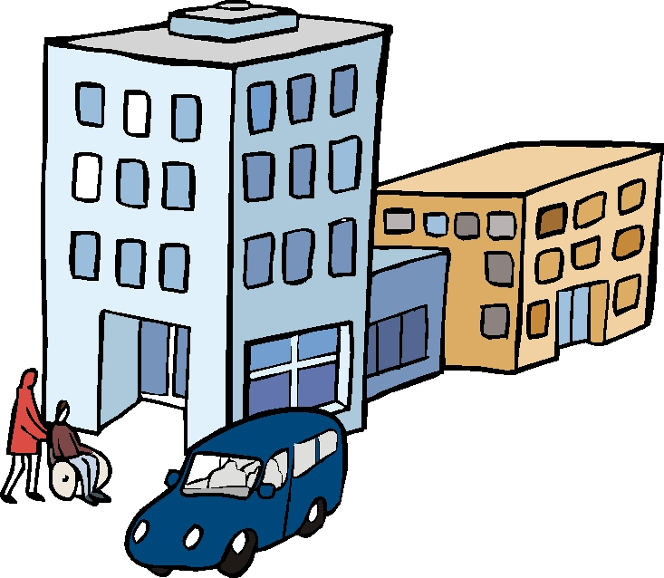 Mann schiebt einen Rollstuhlfahrer zu einem Hochhaus