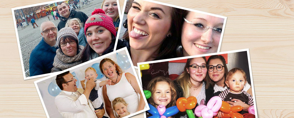 Bilder von Lisa Ulrich und ihrer Familie auf einem Holztisch.