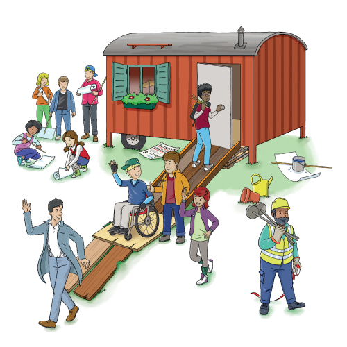 Das Schlussbild des Bunte Bande Musicals, auf dem viele Kinder, ein Bauarbeiter und ein Geschäftsmann vor einem Bauwagen zu sehen sind. Einige der Kinder arbeiten an Plakaten, ein Junge im Rollstuhl fährt gerade eine Rampe herunter.