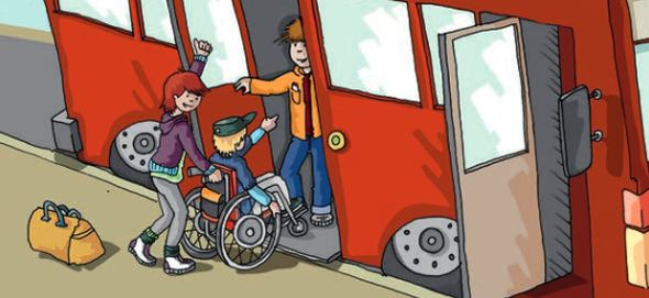 Comic-Zeichnung: zwei Kinder schieben ein Kind im Rollstuhl in einen Bus