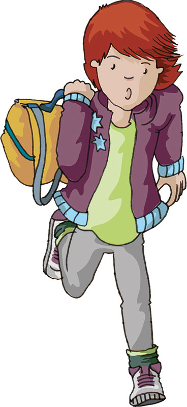 Tessa hat einen Rucksack auf der Schulter und rennt.