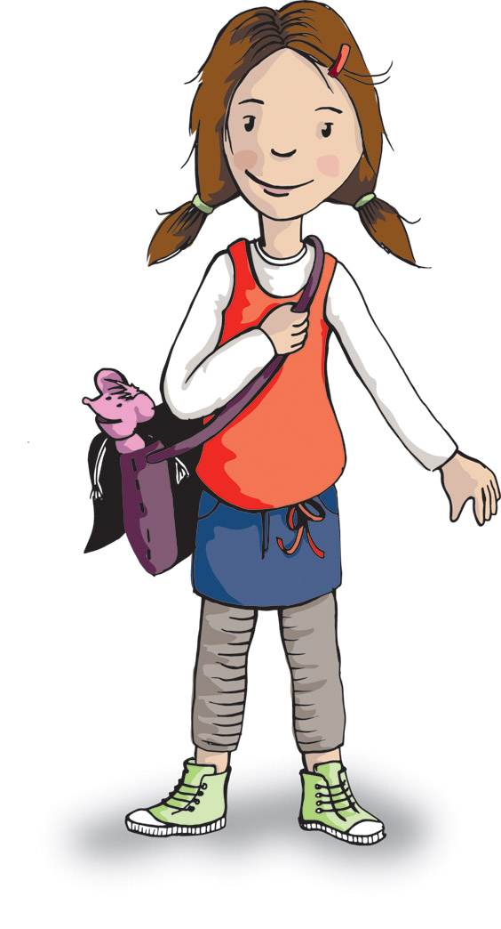 Zeichnung: Mädchen mit zwei Zöpfen. Sie trägt eine Umhängetasche aus der eine pinke Stoffmaus schaut.