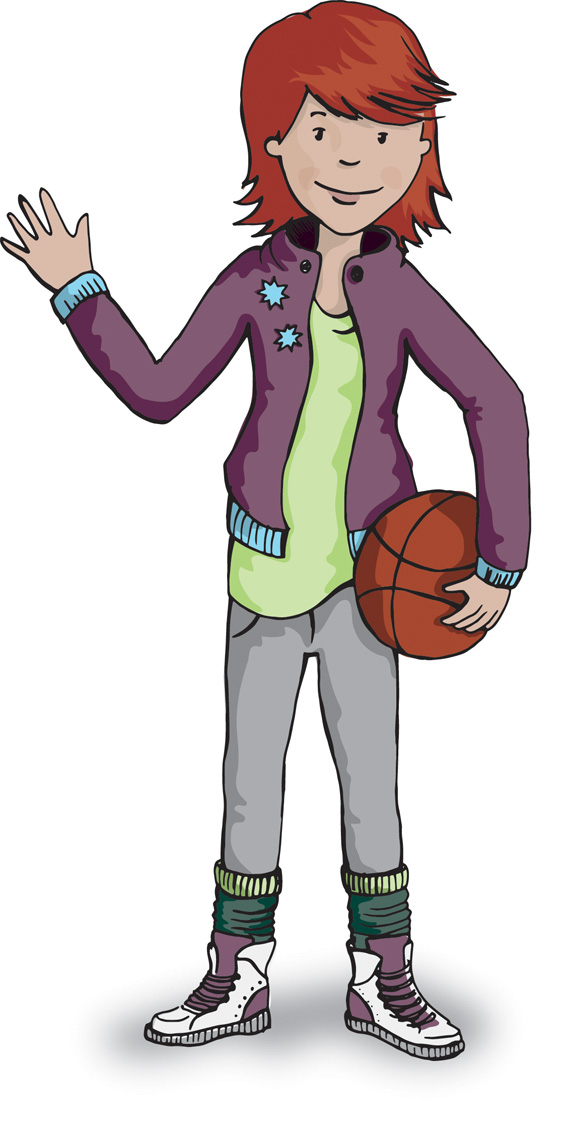 Zeichnung: Winkendes Mädchen mit einem Basketball in der Hand.