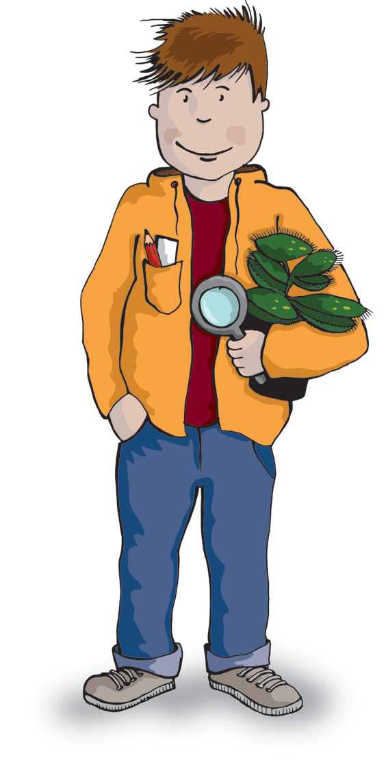 Zeichnung: Junge mit Lupe in der Hand. Unter dem Arm trägt er eine Blume.