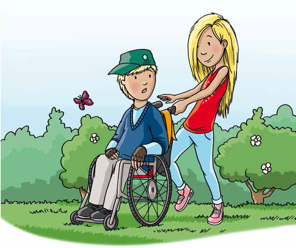 Zeichnung: Leo wird von Tessa geschoben.