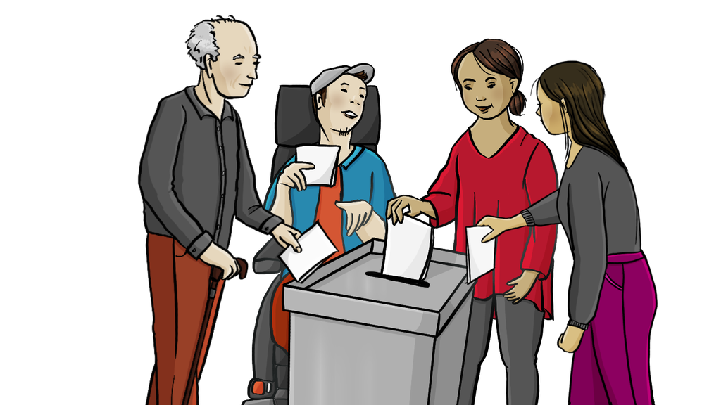 Menschen mit und ohne Behinderung an einer Wahlurne