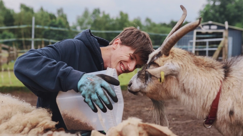 Ein junger Mann schüttet Futter in einen Trog. Neben im stehen zwei Ziegen. Er lacht.